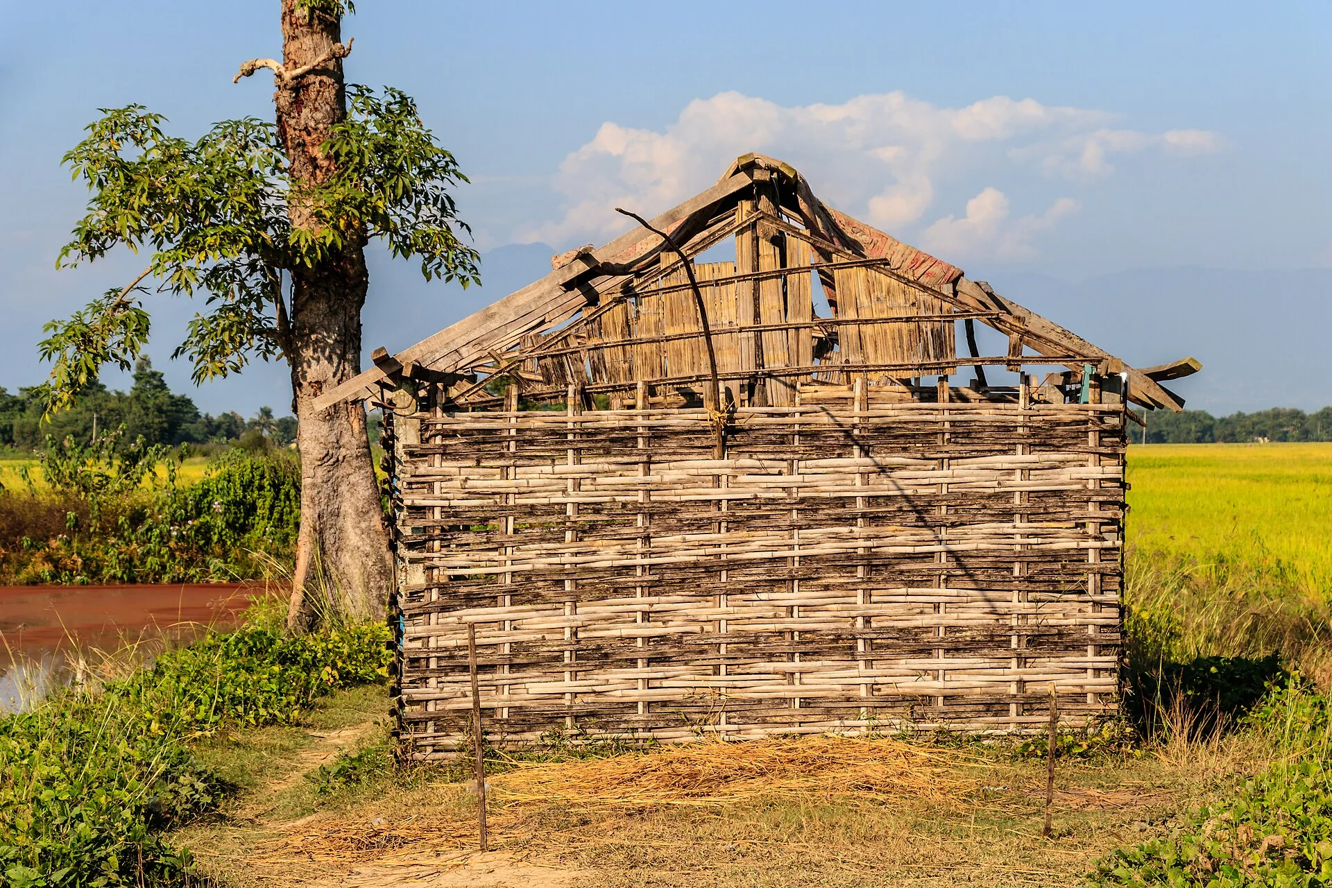 Woven bamboo building beside an open field in Sunsari, Nepal